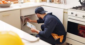 Plumber, house and handyman with clipboard, inspection and maintenance with expert. Employee, contractor and repair with checklist, service or quality control with industry, home renovation or skills